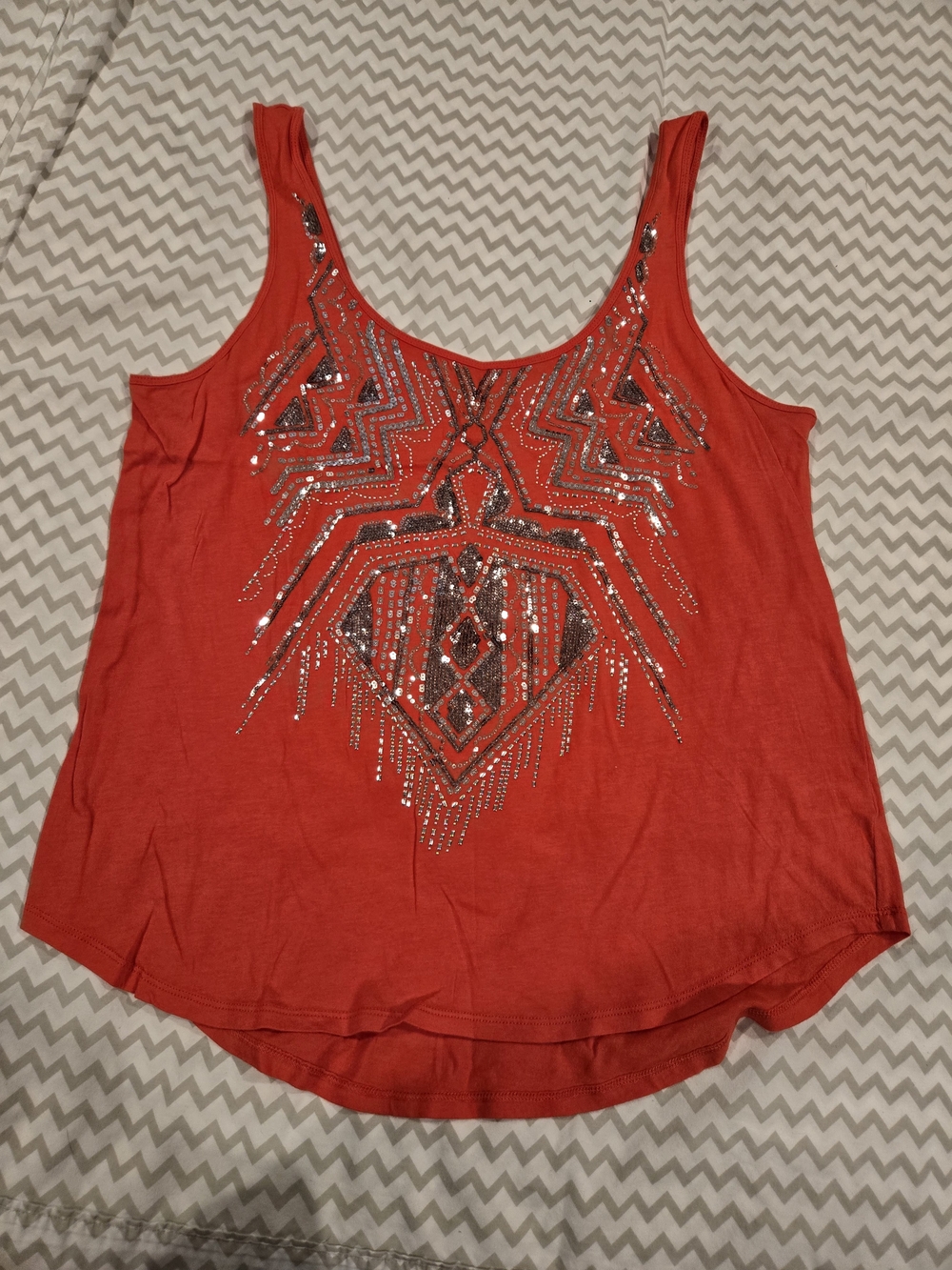 *Express* Red Tank Top with Silver Sequin Geometric Design